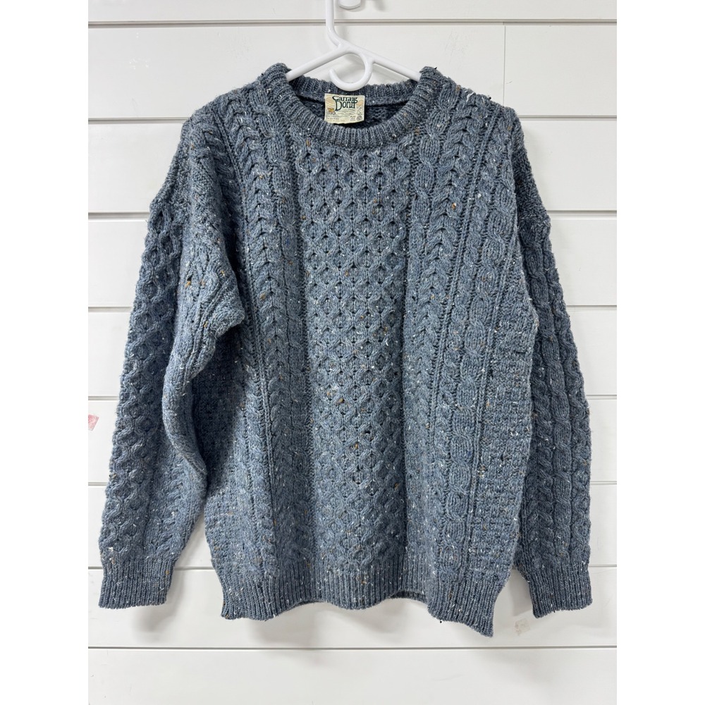 Carraig Donn Aran Wool Sweater Blue Donegal Tweed Cable Knit Made in Ireland
